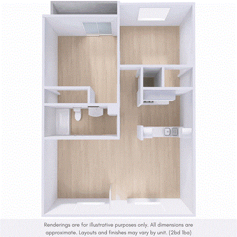 Floor plan for 2 beds, 1 bath, 950 sqft